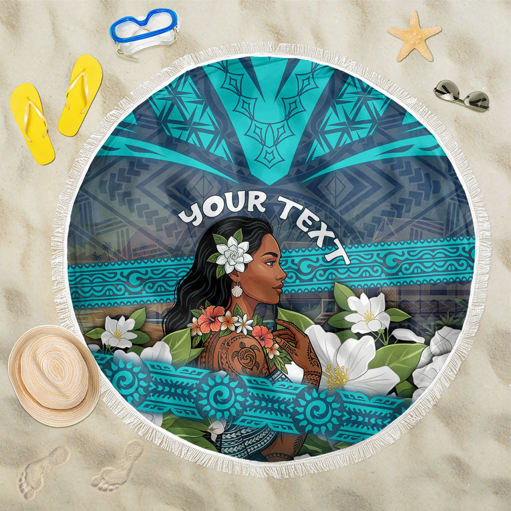 Personalized Polynesian Woman 50th Birthday Beach Blanket Traditional Pacific Tribal Tattoo Floral Art TS04 One Size 150cm Blue - Polynesian Pride