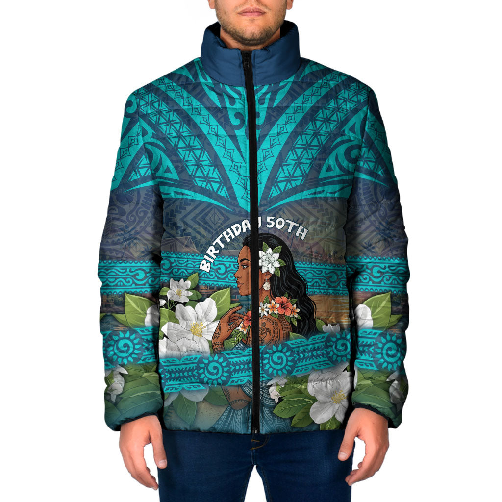 Personalized Polynesian Woman 50th Birthday Padded Jacket Traditional Pacific Tribal Tattoo Floral Art TS04 Men Blue - Polynesian Pride