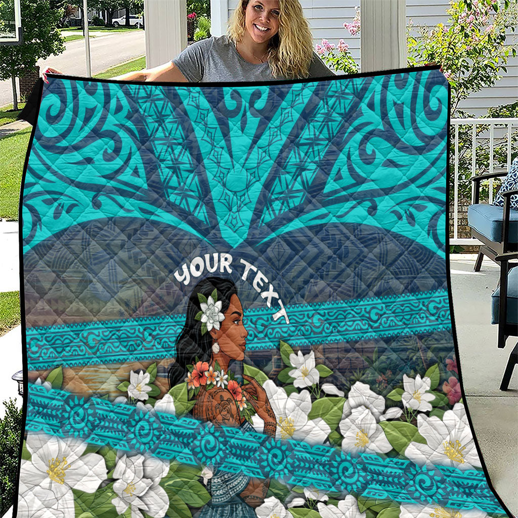 Personalized Polynesian Woman 50th Birthday Quilt Traditional Pacific Tribal Tattoo Floral Art TS04 Blue - Polynesian Pride