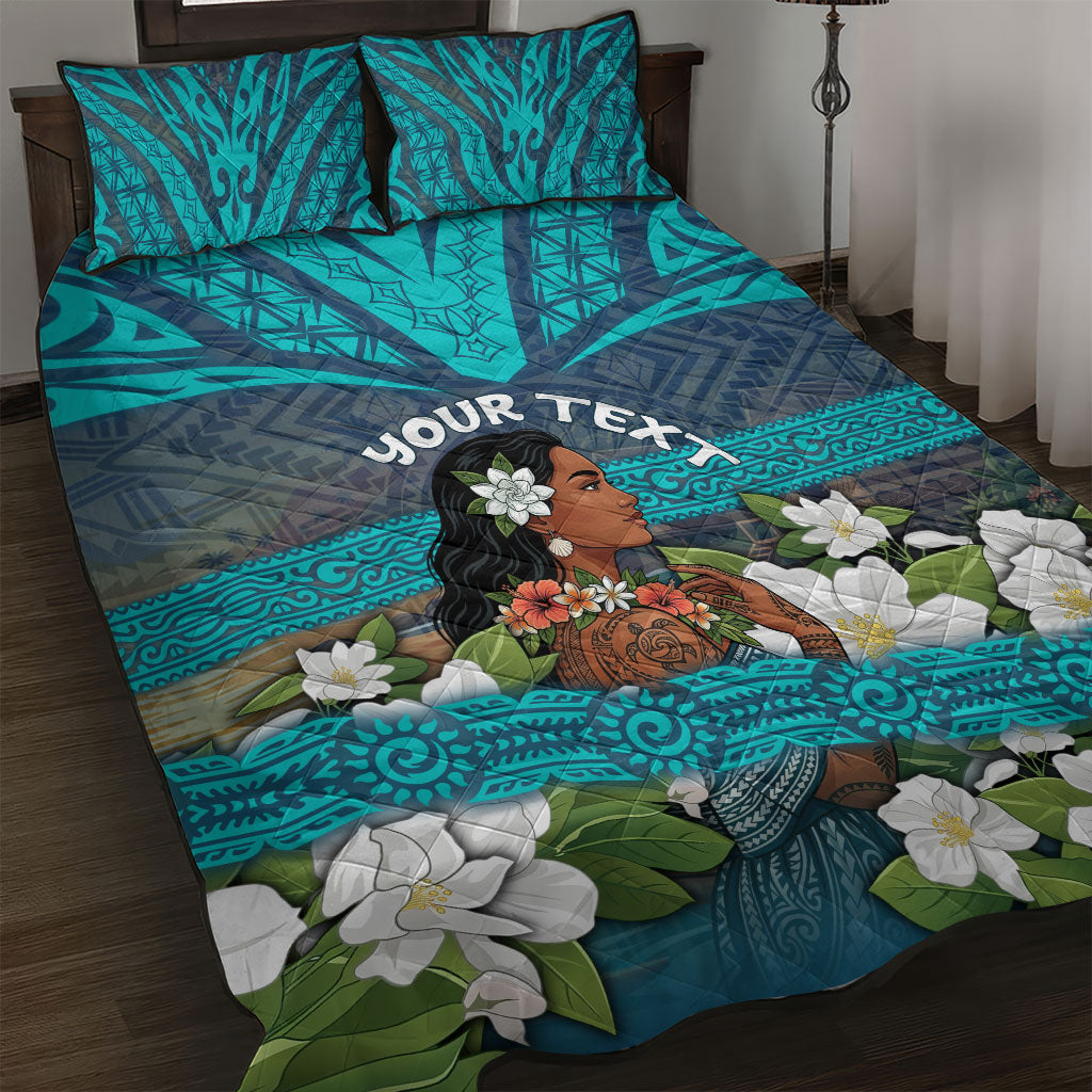 Personalized Polynesian Woman 50th Birthday Quilt Bed Set Traditional Pacific Tribal Tattoo Floral Art TS04 Blue - Polynesian Pride