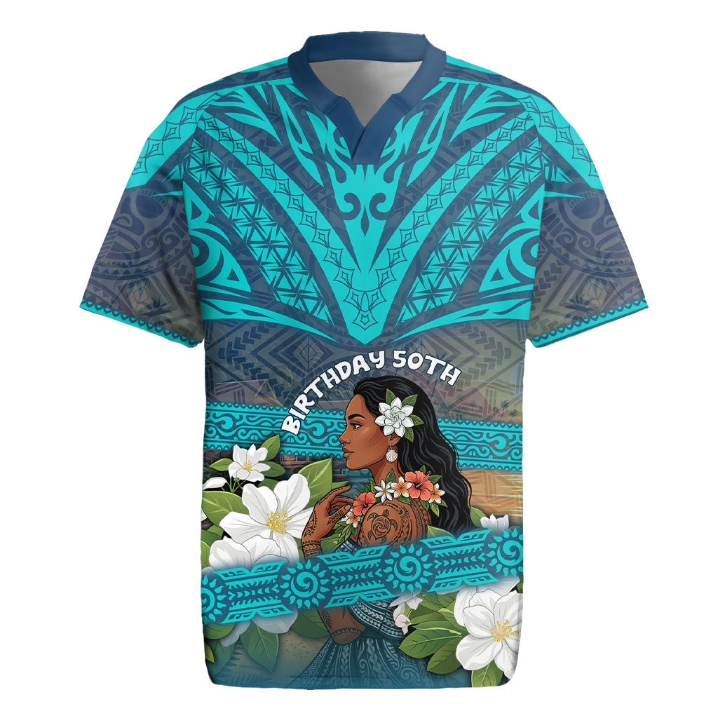 Personalized Polynesian Woman 50th Birthday Rugby Jersey Traditional Pacific Tribal Tattoo Floral Art TS04 Blue - Polynesian Pride