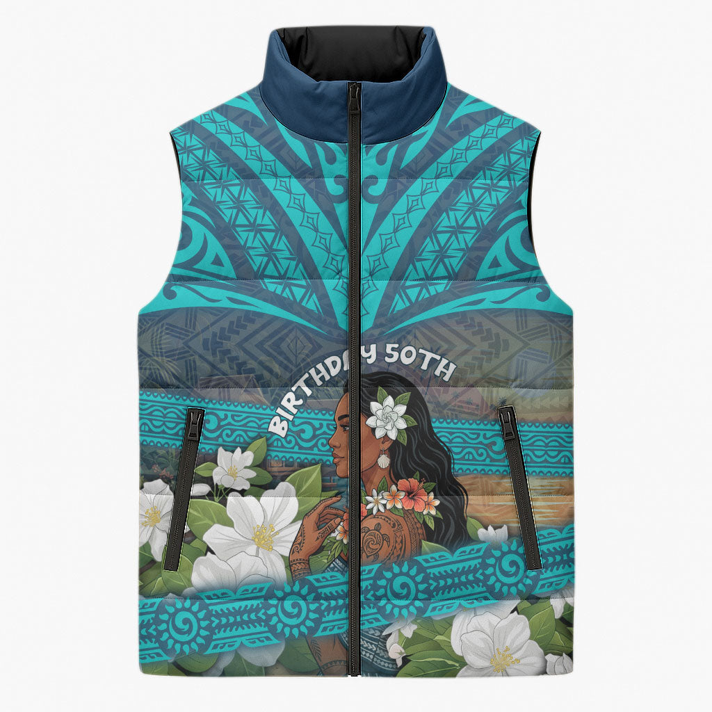 Personalized Polynesian Woman 50th Birthday Sleeveless Puffer Jacket Traditional Pacific Tribal Tattoo Floral Art TS04 Unisex Blue - Polynesian Pride