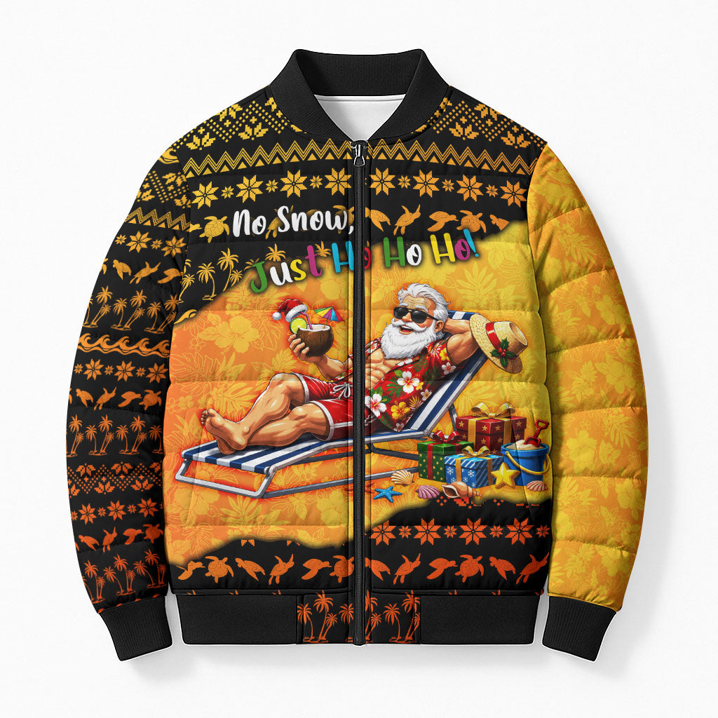 Tropical Christmas In July Santa Claus Bomber Puffer Jacket Festive Hawaiian With Beach Reindeer Sleigh