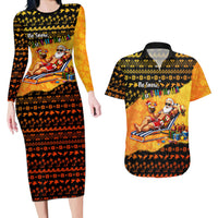Tropical Christmas In July Santa Claus Couples Matching Long Sleeve Bodycon Dress and Hawaiian Shirt Festive Hawaiian With Beach Reindeer Sleigh TS04 Orange Black - Polynesian Pride