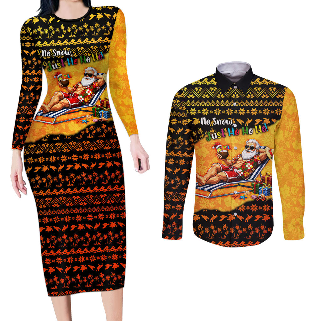 Tropical Christmas In July Santa Claus Couples Matching Long Sleeve Bodycon Dress and Long Sleeve Button Shirt Festive Hawaiian With Beach Reindeer Sleigh TS04 Orange Black - Polynesian Pride