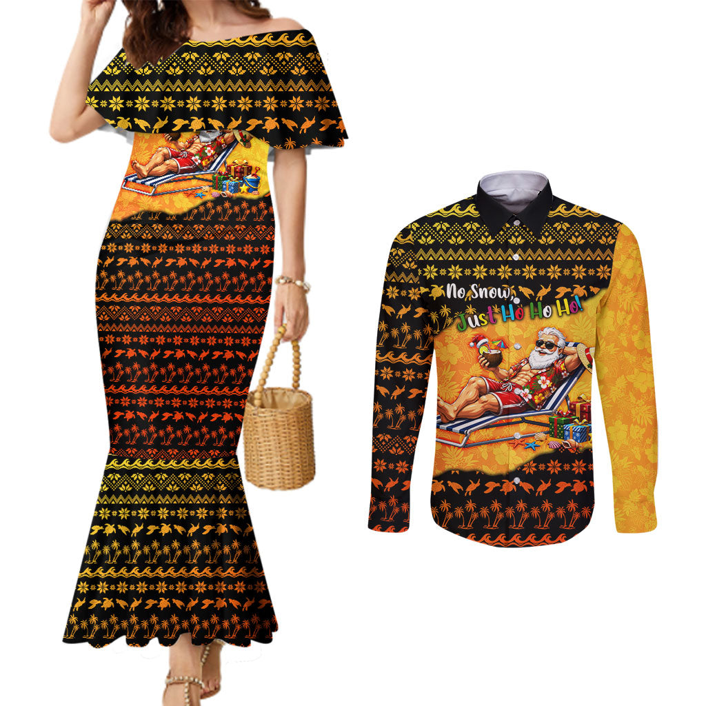 Tropical Christmas In July Santa Claus Couples Matching Mermaid Dress and Long Sleeve Button Shirt Festive Hawaiian With Beach Reindeer Sleigh TS04 Orange Black - Polynesian Pride
