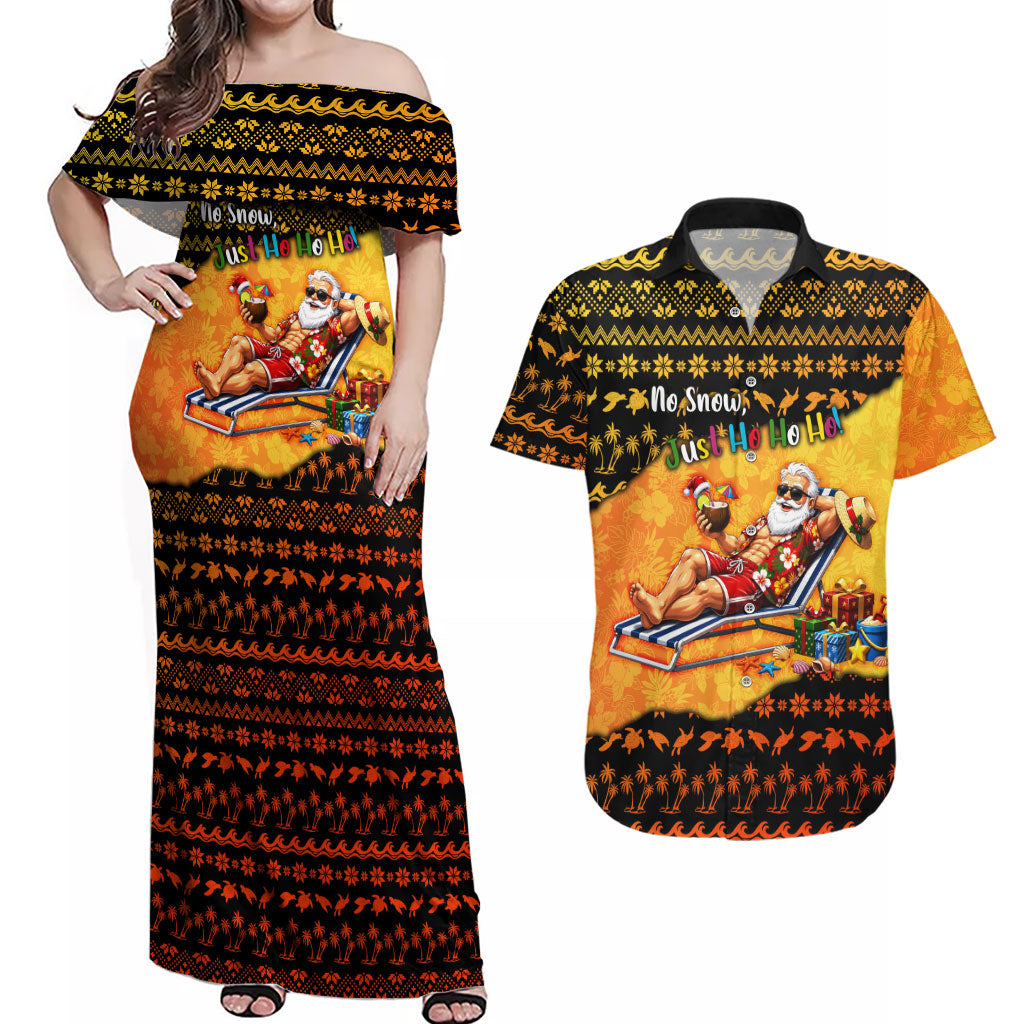 Tropical Christmas In July Santa Claus Couples Matching Off Shoulder Maxi Dress and Hawaiian Shirt Festive Hawaiian With Beach Reindeer Sleigh TS04 Orange Black - Polynesian Pride
