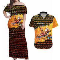 Tropical Christmas In July Santa Claus Couples Matching Off Shoulder Maxi Dress and Hawaiian Shirt Festive Hawaiian With Beach Reindeer Sleigh TS04 Orange Black - Polynesian Pride