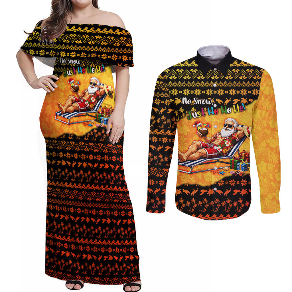 Tropical Christmas In July Santa Claus Couples Matching Off Shoulder Maxi Dress and Long Sleeve Button Shirt Festive Hawaiian With Beach Reindeer Sleigh TS04 Orange Black - Polynesian Pride