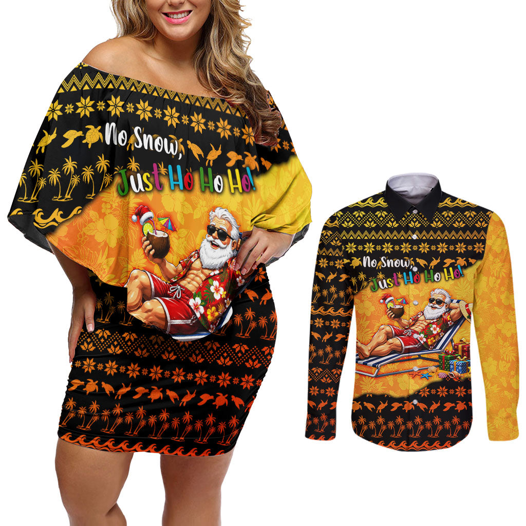 Tropical Christmas In July Santa Claus Couples Matching Off Shoulder Short Dress and Long Sleeve Button Shirt Festive Hawaiian With Beach Reindeer Sleigh TS04 Orange Black - Polynesian Pride
