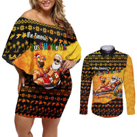 Tropical Christmas In July Santa Claus Couples Matching Off Shoulder Short Dress and Long Sleeve Button Shirt Festive Hawaiian With Beach Reindeer Sleigh TS04 Orange Black - Polynesian Pride