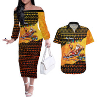 Tropical Christmas In July Santa Claus Couples Matching Off The Shoulder Long Sleeve Dress and Hawaiian Shirt Festive Hawaiian With Beach Reindeer Sleigh TS04 Orange Black - Polynesian Pride