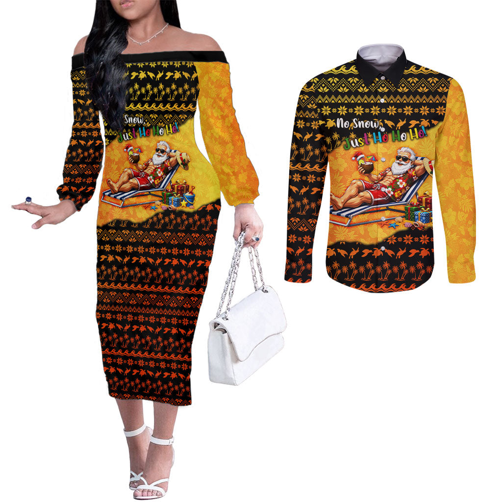 Tropical Christmas In July Santa Claus Couples Matching Off The Shoulder Long Sleeve Dress and Long Sleeve Button Shirt Festive Hawaiian With Beach Reindeer Sleigh TS04 Orange Black - Polynesian Pride