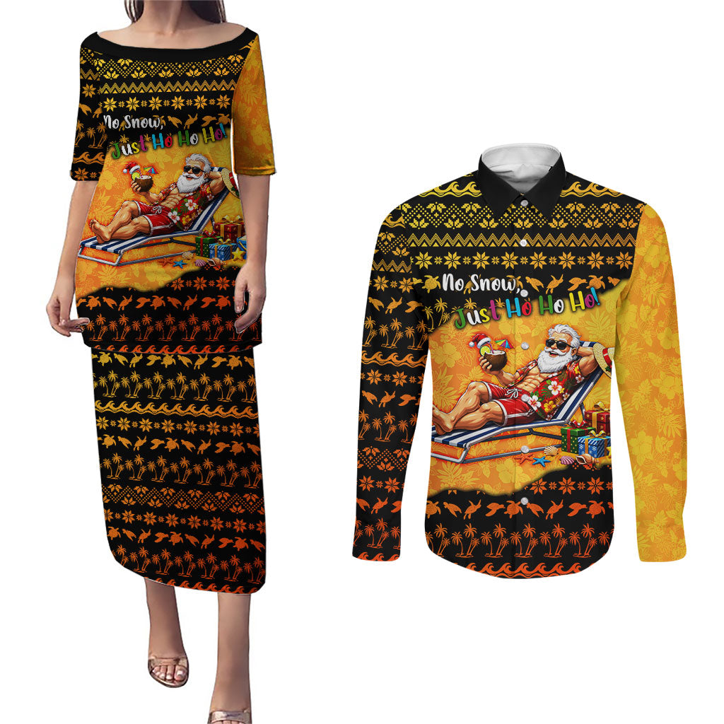 Tropical Christmas In July Santa Claus Couples Matching Puletasi and Long Sleeve Button Shirt Festive Hawaiian With Beach Reindeer Sleigh TS04 Orange Black - Polynesian Pride