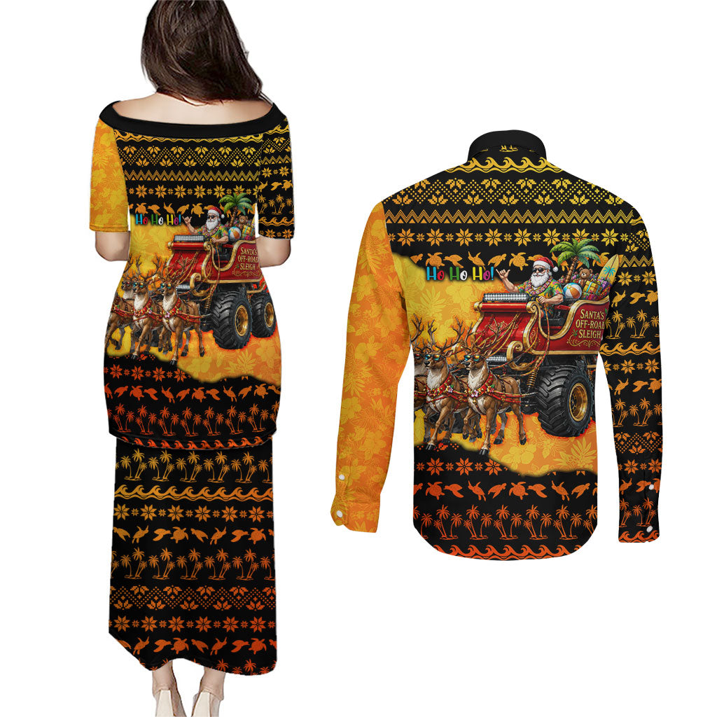 Tropical Christmas In July Santa Claus Couples Matching Puletasi and Long Sleeve Button Shirt Festive Hawaiian With Beach Reindeer Sleigh TS04 - Polynesian Pride