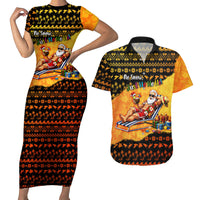 Tropical Christmas In July Santa Claus Couples Matching Short Sleeve Bodycon Dress and Hawaiian Shirt Festive Hawaiian With Beach Reindeer Sleigh TS04 Orange Black - Polynesian Pride