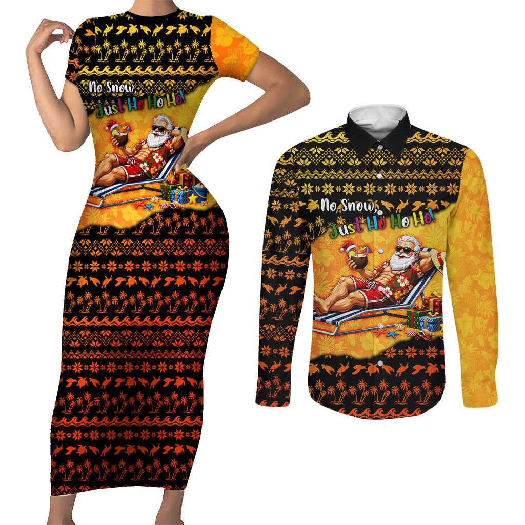 Tropical Christmas In July Santa Claus Couples Matching Short Sleeve Bodycon Dress and Long Sleeve Button Shirt Festive Hawaiian With Beach Reindeer Sleigh TS04 Orange Black - Polynesian Pride