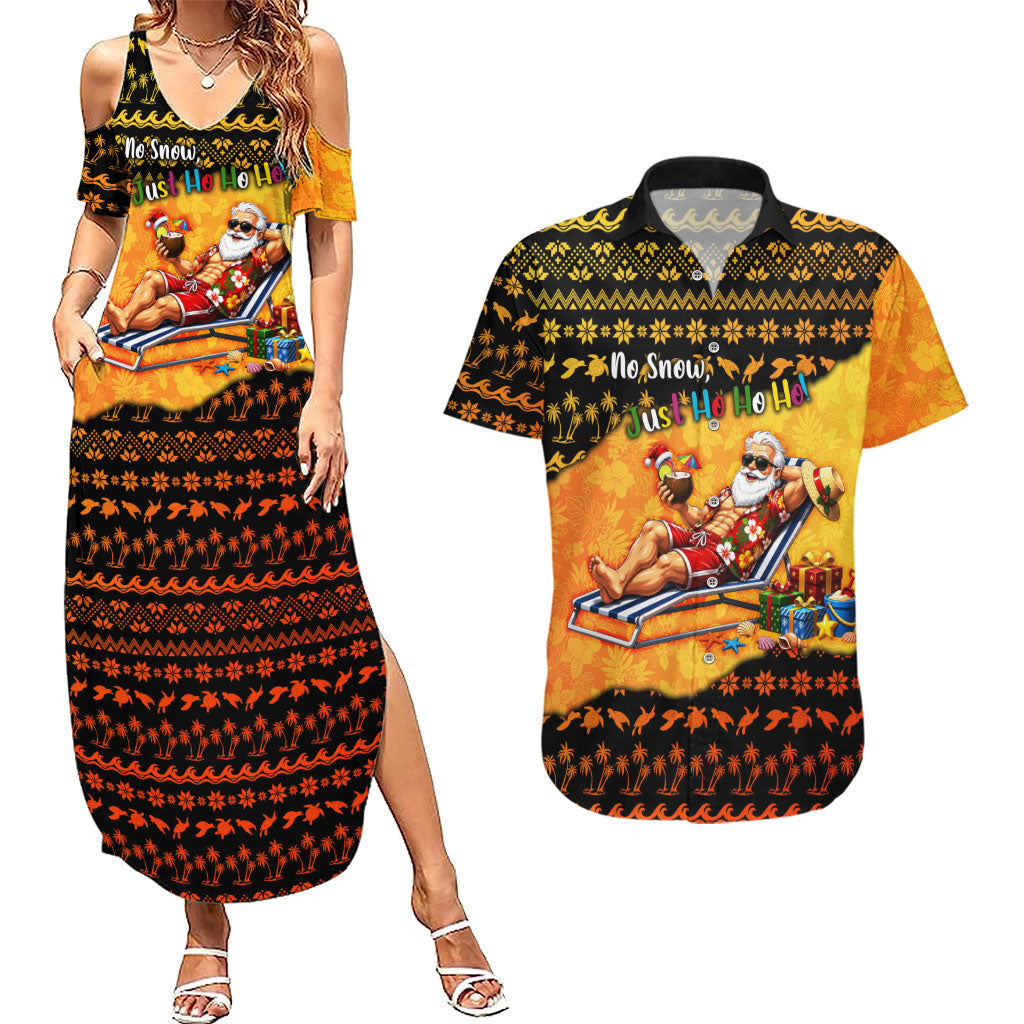 Tropical Christmas In July Santa Claus Couples Matching Summer Maxi Dress and Hawaiian Shirt Festive Hawaiian With Beach Reindeer Sleigh TS04 Orange Black - Polynesian Pride