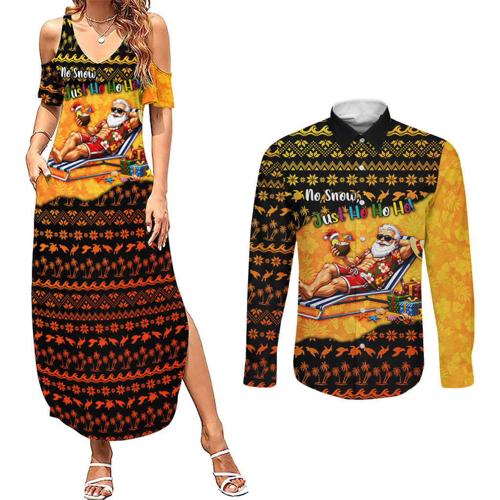 Tropical Christmas In July Santa Claus Couples Matching Summer Maxi Dress and Long Sleeve Button Shirt Festive Hawaiian With Beach Reindeer Sleigh TS04 Orange Black - Polynesian Pride