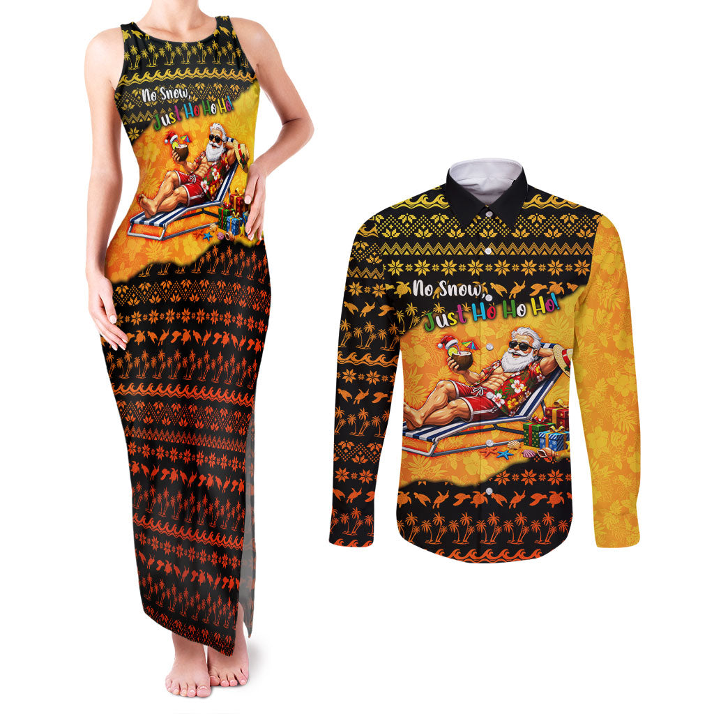 Tropical Christmas In July Santa Claus Couples Matching Tank Maxi Dress and Long Sleeve Button Shirt Festive Hawaiian With Beach Reindeer Sleigh TS04 Orange Black - Polynesian Pride