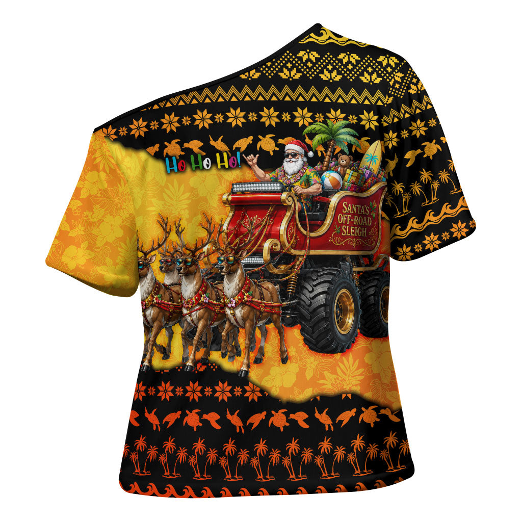 Tropical Christmas In July Santa Claus Cross Shoulder Shirt Festive Hawaiian With Beach Reindeer Sleigh TS04 - Polynesian Pride