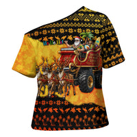 Tropical Christmas In July Santa Claus Cross Shoulder Shirt Festive Hawaiian With Beach Reindeer Sleigh TS04 - Polynesian Pride