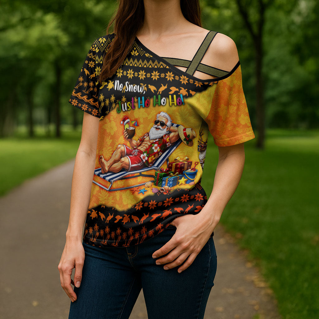 Tropical Christmas In July Santa Claus Cross Shoulder Shirt Festive Hawaiian With Beach Reindeer Sleigh TS04 - Polynesian Pride