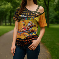 Tropical Christmas In July Santa Claus Cross Shoulder Shirt Festive Hawaiian With Beach Reindeer Sleigh TS04 - Polynesian Pride