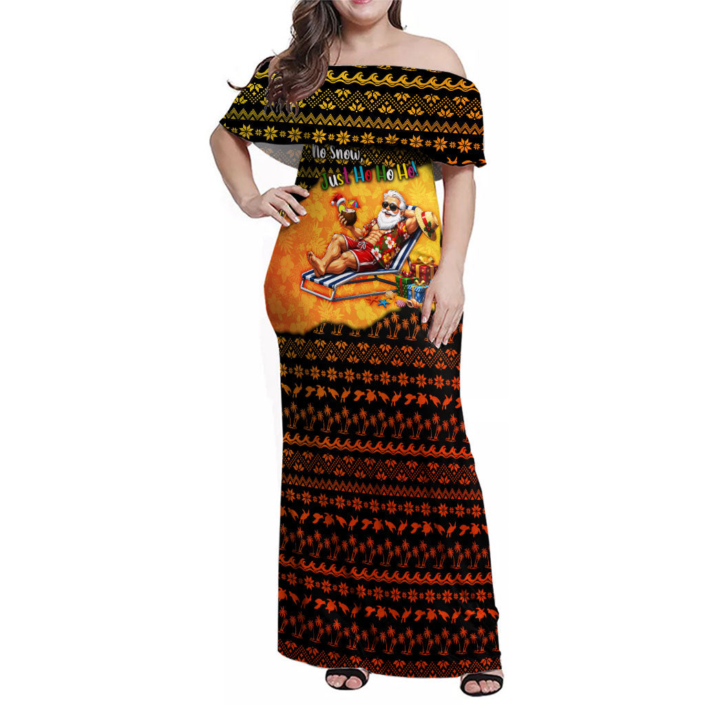 Tropical Christmas In July Santa Claus Family Matching Off Shoulder Maxi Dress and Hawaiian Shirt Festive Hawaiian With Beach Reindeer Sleigh TS04 Mom's Dress Orange Black - Polynesian Pride