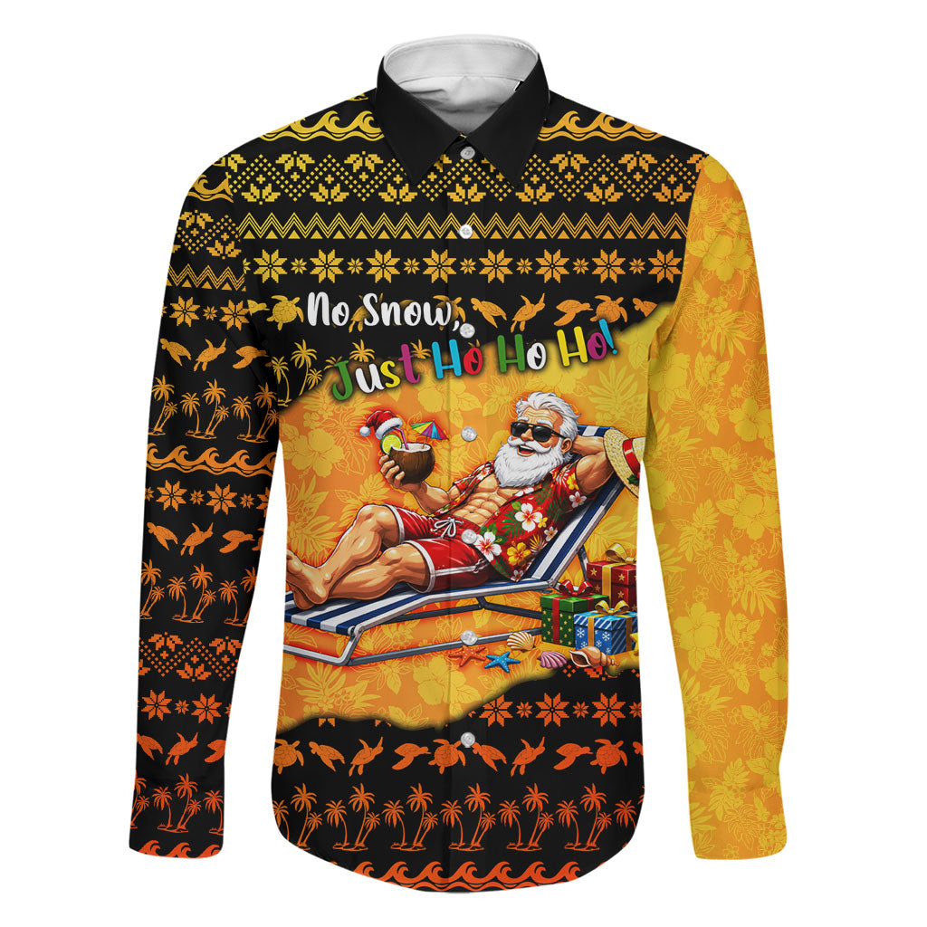 Tropical Christmas In July Santa Claus Family Matching Off Shoulder Short Dress and Hawaiian Shirt Festive Hawaiian With Beach Reindeer Sleigh TS04 Dad's Shirt - Long Sleeve Orange Black - Polynesian Pride