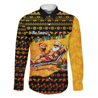 Tropical Christmas In July Santa Claus Family Matching Off Shoulder Short Dress and Hawaiian Shirt Festive Hawaiian With Beach Reindeer Sleigh TS04 Dad's Shirt - Long Sleeve Orange Black - Polynesian Pride