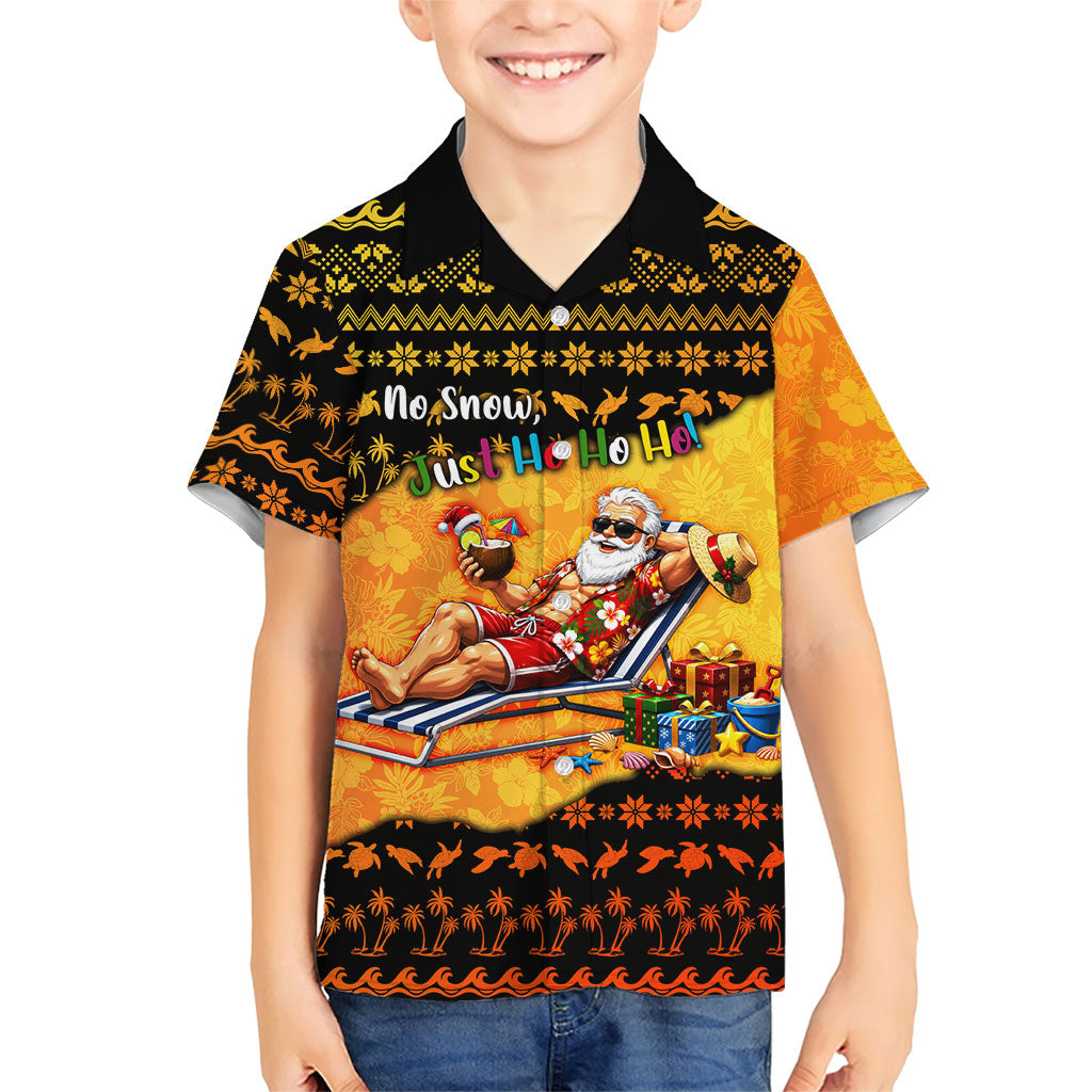 Tropical Christmas In July Santa Claus Family Matching Off Shoulder Short Dress and Hawaiian Shirt Festive Hawaiian With Beach Reindeer Sleigh TS04 Son's Shirt Orange Black - Polynesian Pride