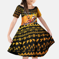 Tropical Christmas In July Santa Claus Family Matching Puletasi and Hawaiian Shirt Festive Hawaiian With Beach Reindeer Sleigh TS04 Daughter's Dress Orange Black - Polynesian Pride