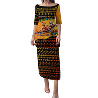 Tropical Christmas In July Santa Claus Family Matching Puletasi and Hawaiian Shirt Festive Hawaiian With Beach Reindeer Sleigh TS04 Mom's Dress Orange Black - Polynesian Pride
