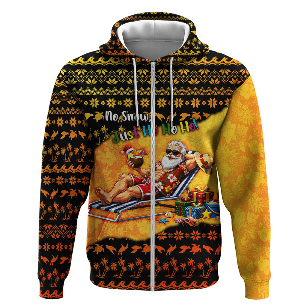 Tropical Christmas In July Santa Claus Hoodie Festive Hawaiian With Beach Reindeer Sleigh TS04 Zip Hoodie Orange Black - Polynesian Pride
