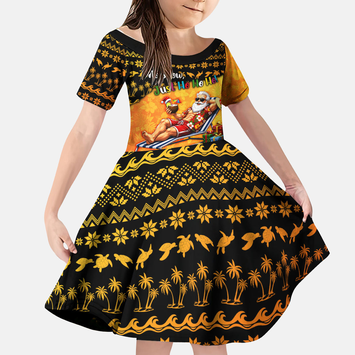 Tropical Christmas In July Santa Claus Kid Short Sleeve Dress Festive Hawaiian With Beach Reindeer Sleigh TS04 KID Orange Black - Polynesian Pride