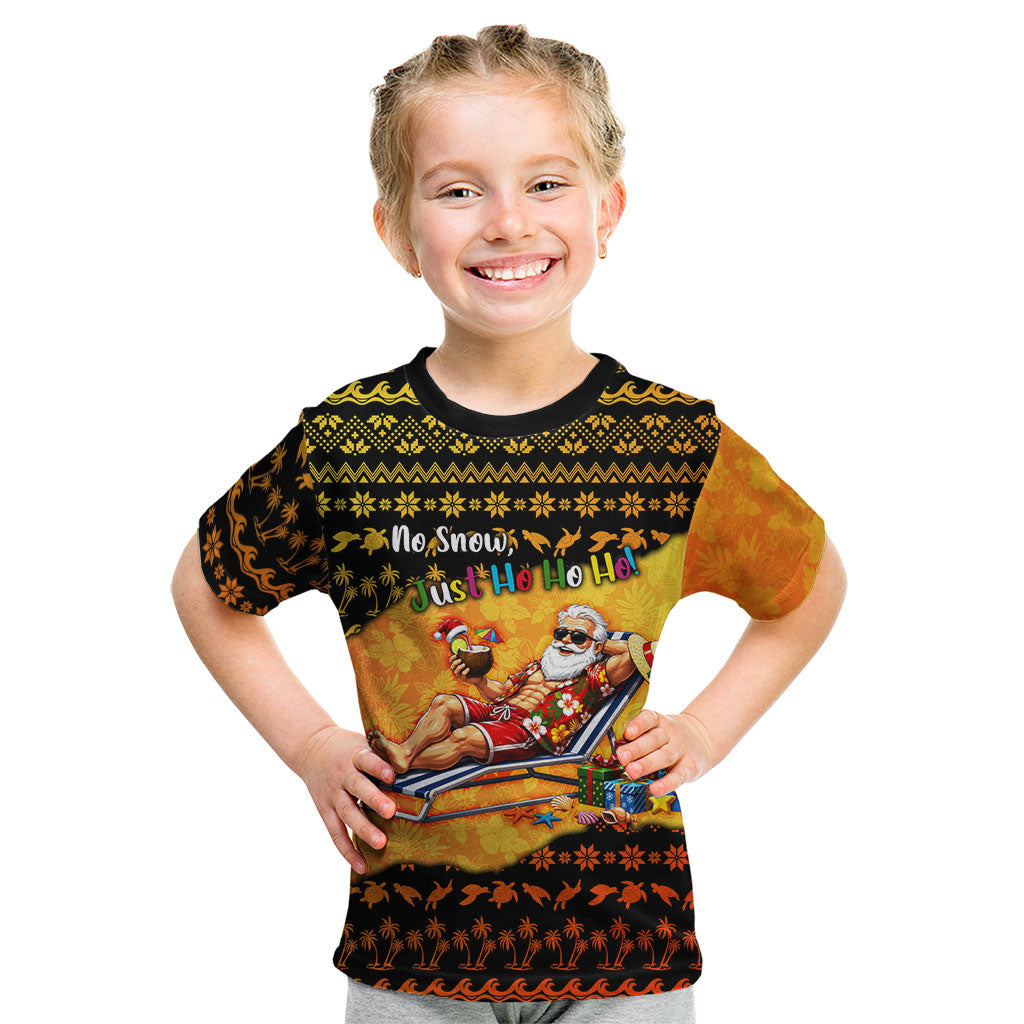 Tropical Christmas In July Santa Claus Kid T Shirt Festive Hawaiian With Beach Reindeer Sleigh TS04 Orange Black - Polynesian Pride