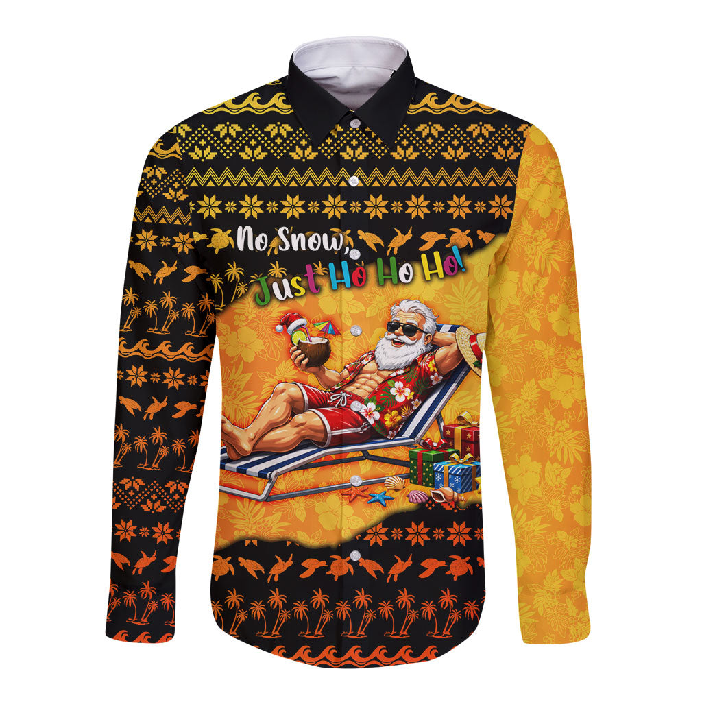 Tropical Christmas In July Santa Claus Long Sleeve Button Shirt Festive Hawaiian With Beach Reindeer Sleigh