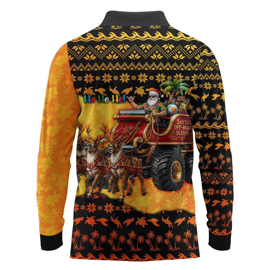 Tropical Christmas In July Santa Claus Long Sleeve Polo Shirt Festive Hawaiian With Beach Reindeer Sleigh TS04 - Polynesian Pride
