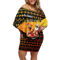 Tropical Christmas In July Santa Claus Off Shoulder Short Dress Festive Hawaiian With Beach Reindeer Sleigh TS04 Women Orange Black - Polynesian Pride