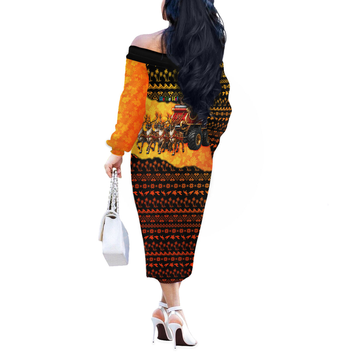 Tropical Christmas In July Santa Claus Off The Shoulder Long Sleeve Dress Festive Hawaiian With Beach Reindeer Sleigh TS04 - Polynesian Pride