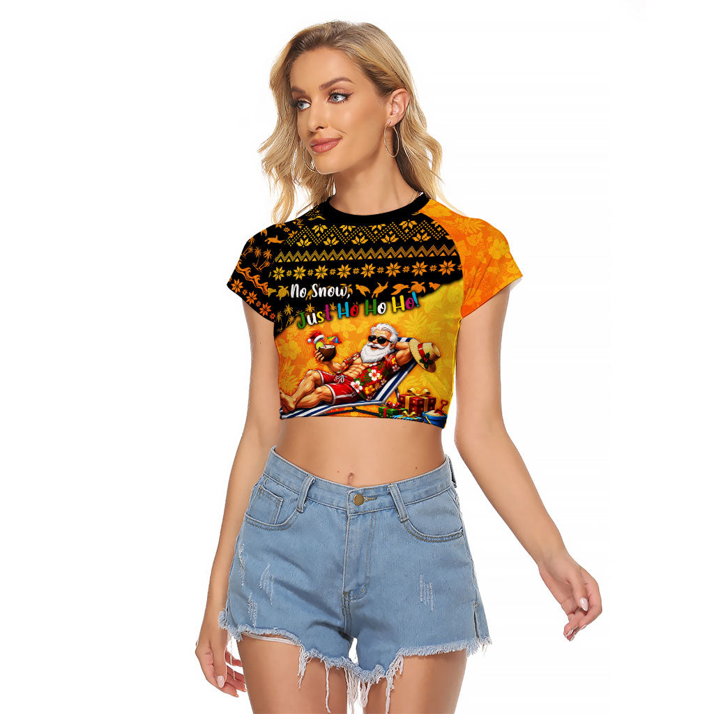 Tropical Christmas In July Santa Claus Raglan Cropped T Shirt Festive Hawaiian With Beach Reindeer Sleigh TS04 Female Orange Black - Polynesian Pride