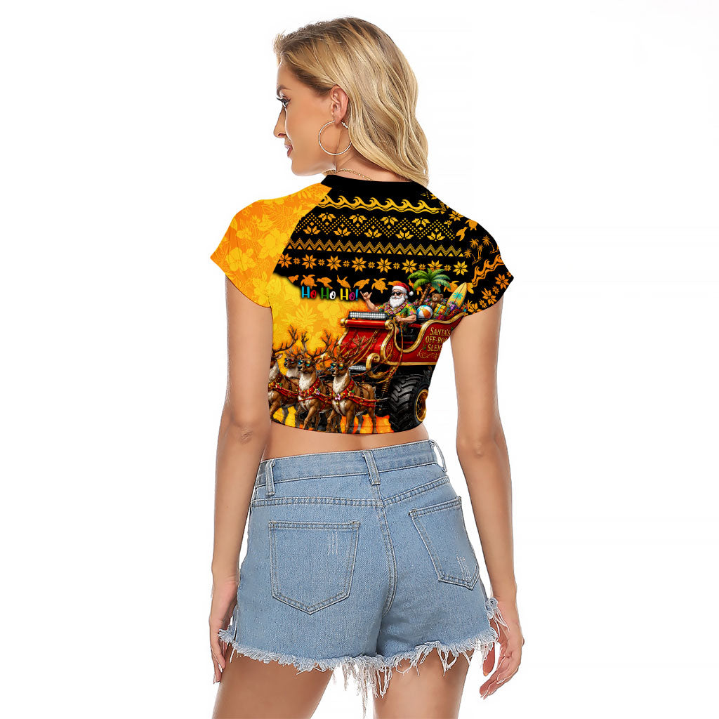 Tropical Christmas In July Santa Claus Raglan Cropped T Shirt Festive Hawaiian With Beach Reindeer Sleigh TS04 - Polynesian Pride