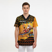 Tropical Christmas In July Santa Claus Scrub Top Festive Hawaiian With Beach Reindeer Sleigh