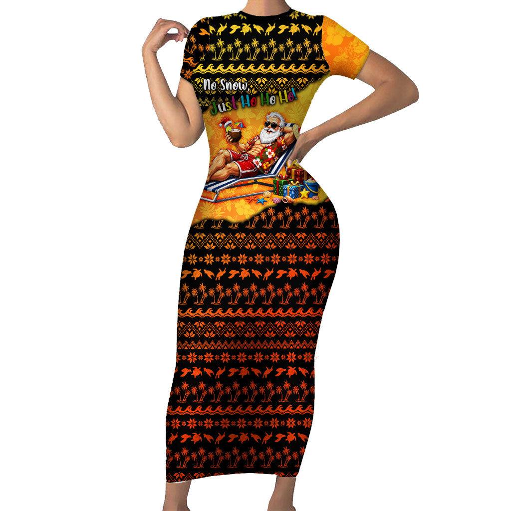 Tropical Christmas In July Santa Claus Short Sleeve Bodycon Dress Festive Hawaiian With Beach Reindeer Sleigh