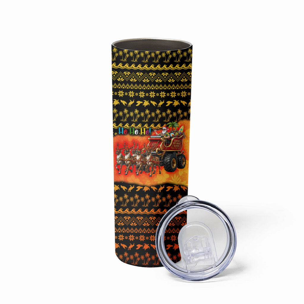 Tropical Christmas In July Santa Claus Skinny Tumbler Festive Hawaiian With Beach Reindeer Sleigh TS04 - Polynesian Pride