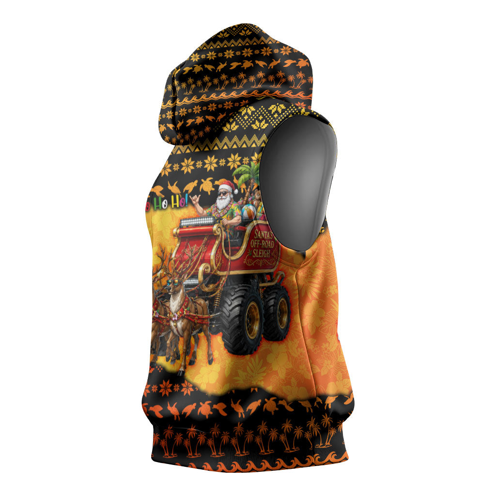Tropical Christmas In July Santa Claus Sleeveless Hoodie Festive Hawaiian With Beach Reindeer Sleigh TS04 - Polynesian Pride