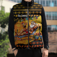 Tropical Christmas In July Santa Claus Sleeveless Puffer Jacket Festive Hawaiian With Beach Reindeer Sleigh