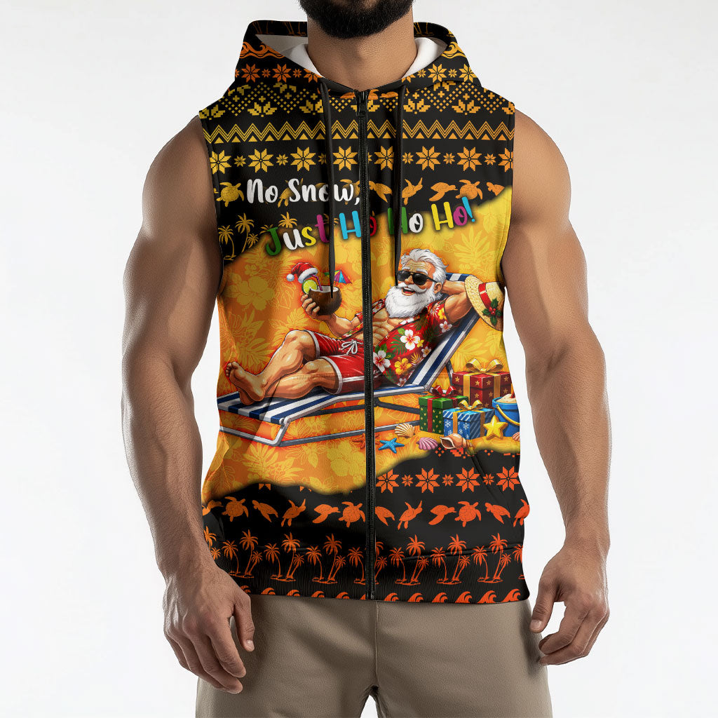 Tropical Christmas In July Santa Claus Sleeveless Zip Hoodie Festive Hawaiian With Beach Reindeer Sleigh TS04 - Polynesian Pride