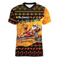 Tropical Christmas In July Santa Claus Women V-Neck T-Shirt Festive Hawaiian With Beach Reindeer Sleigh TS04 Female Orange Black - Polynesian Pride